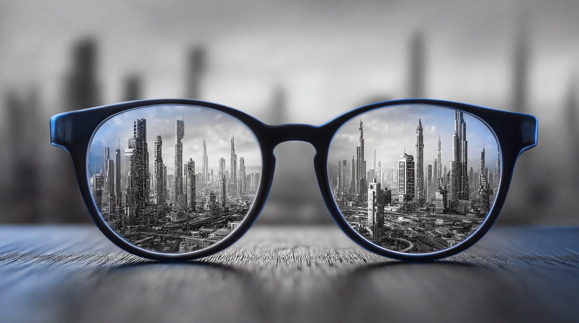 Glasses with cityscape through lenses